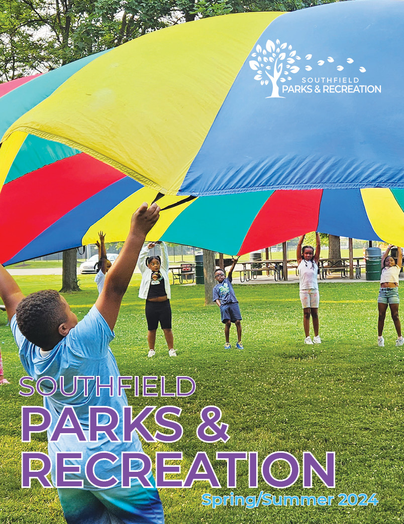 Summer 2024 Parks & Recreation Activities Guide Cover features summer camp kids playing with a colorful parachute outside