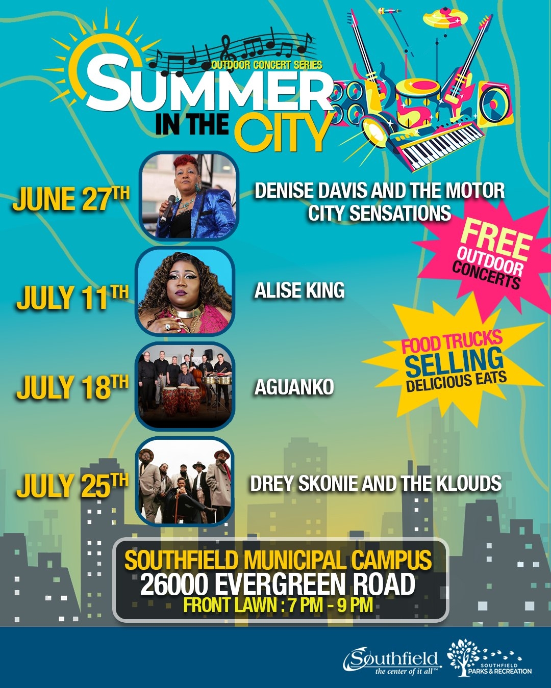 Informational graphic featuring the 2025 lineup for the free Summer in the City outdoor concerts