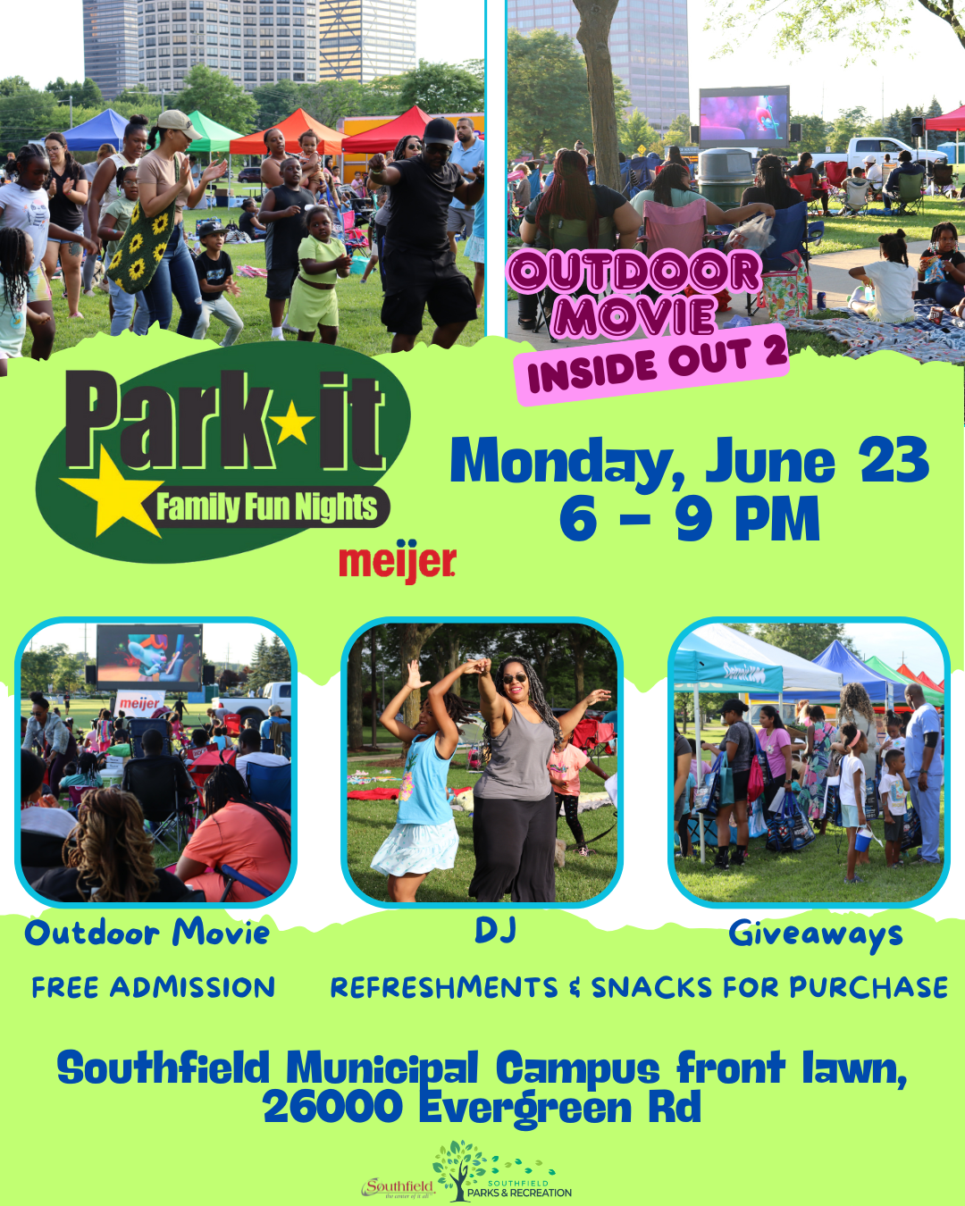 Informational graphic featuring pictures of past Park It events including a group of children and adults dancing in the grass and sitting watching an outdoor movie