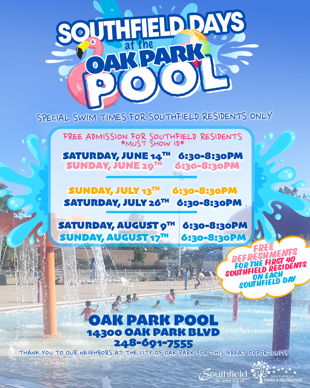 informational graphic with details about the Southfield Day at the Oak Park Pool program