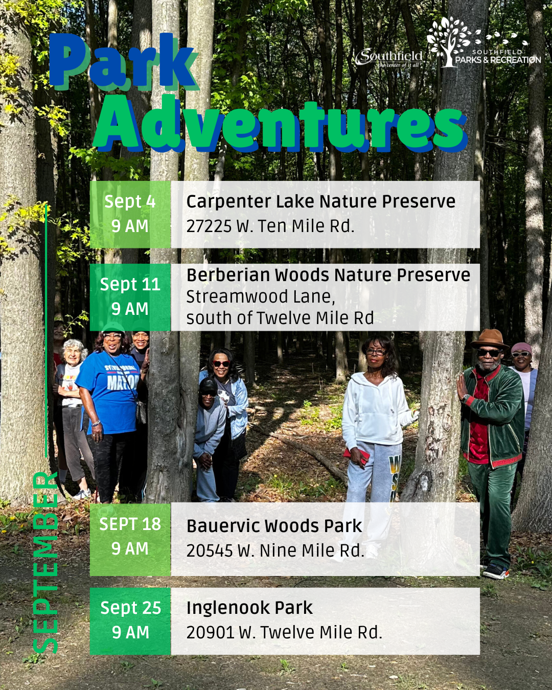 informational graphic with the September 2025 Park Adventures schedule featuring a picture of a past group posing at Bauervic Woods Park