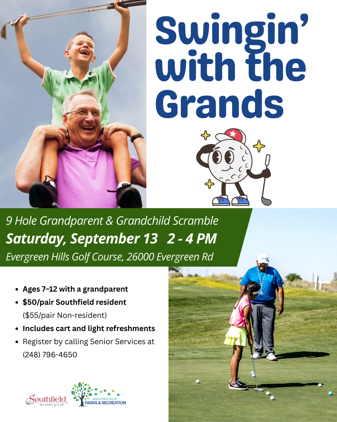 graphic with pictures of grandparents playing golf with grandkids and celebrating