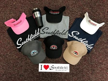 Southfield themed clothing displayed on a table