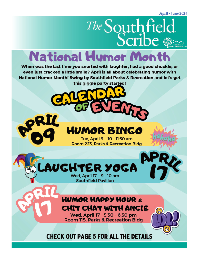 Colorful cover of the April-June The Southfield Scribe Newsletter featuring information on the National Humor Month programs coming up in Apri