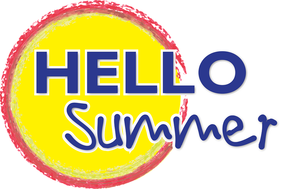 Bright yellow sun graphic with Hello Summer overlaid