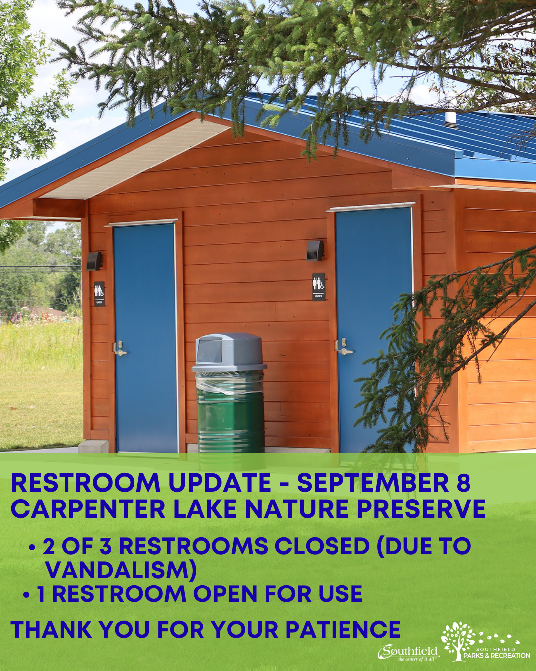 picture of Carpenter Lake Nature Preserve restroom building with closure details overlaid