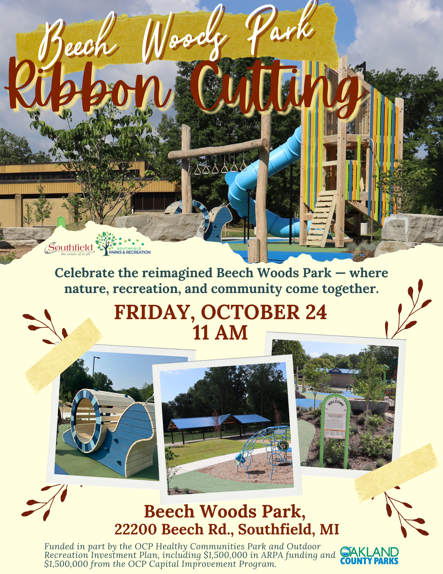 Informational graphic featuring pictures of the new playground and other amenities at Beech Woods Park