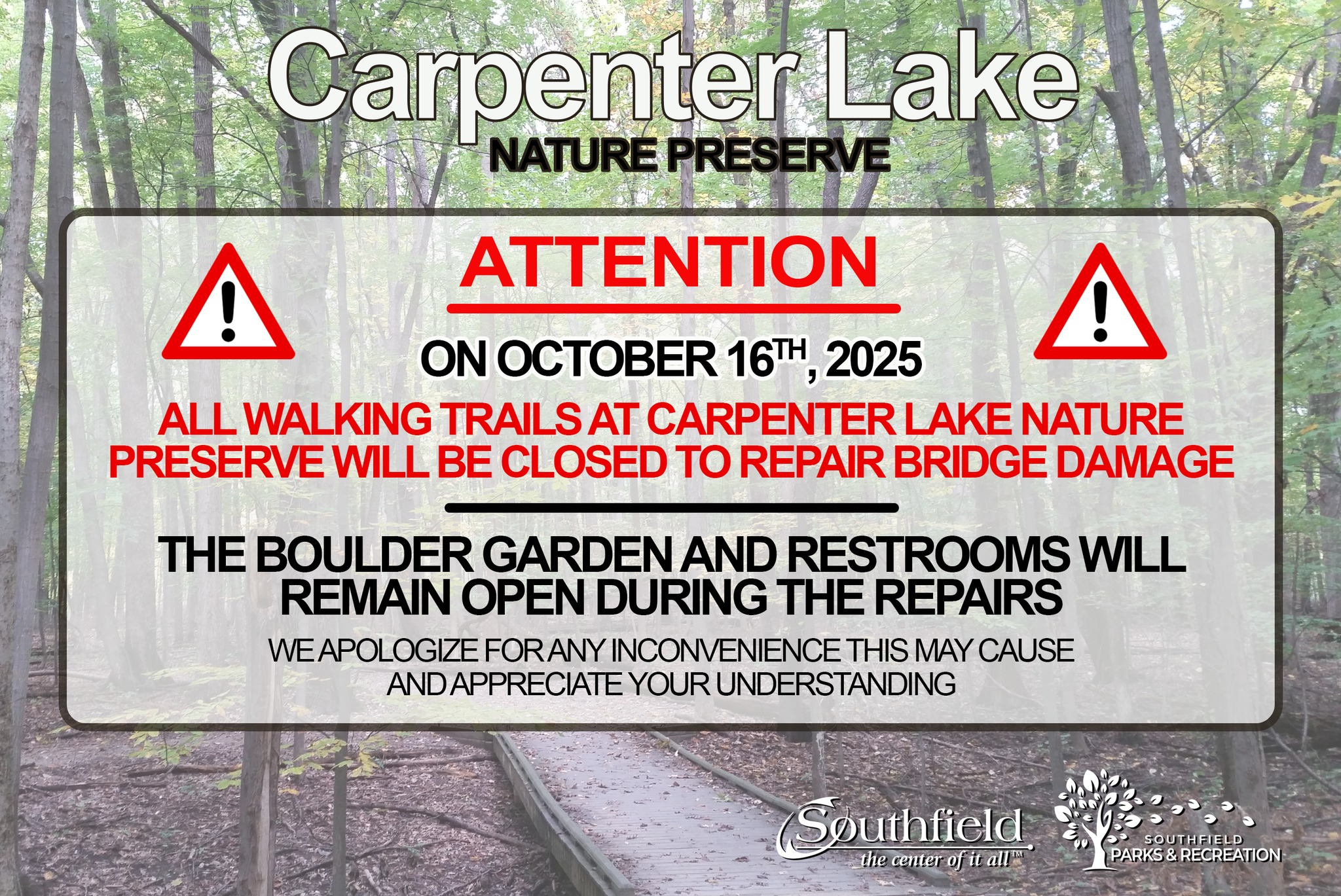informational graphic concerning Carpenter Lake trail closure