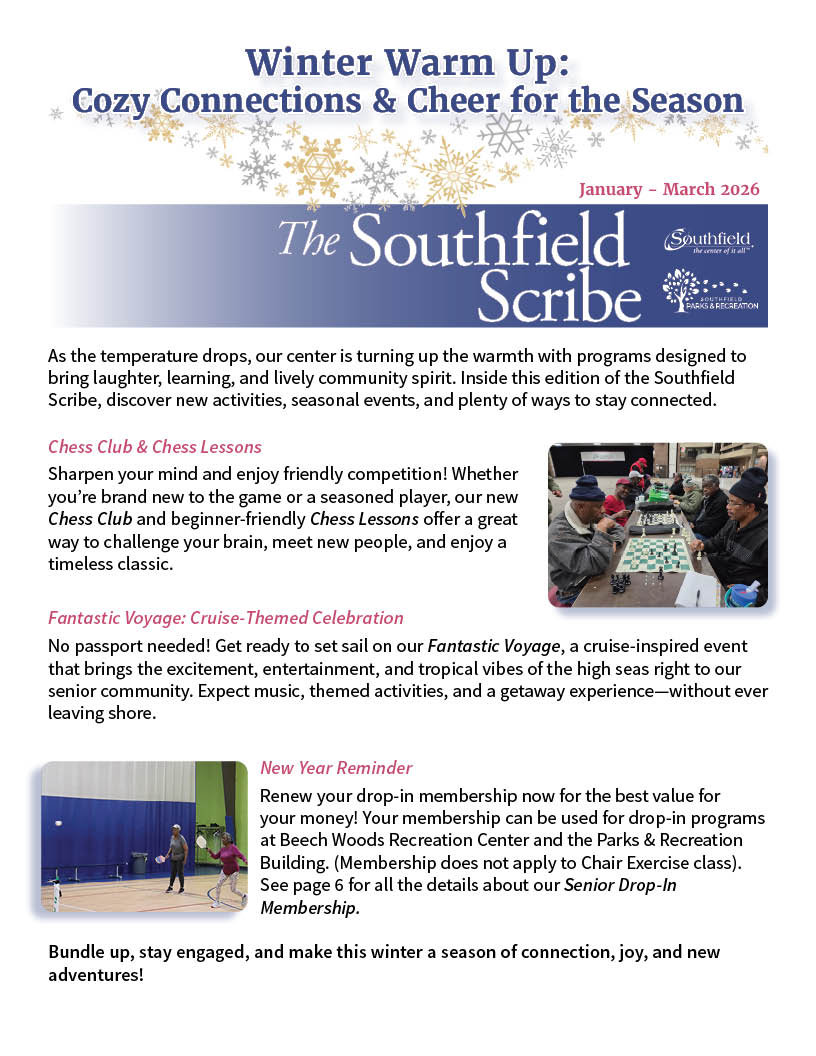 Cover of the Jan-March 2026 Southfield Scribe Senior Newsletter