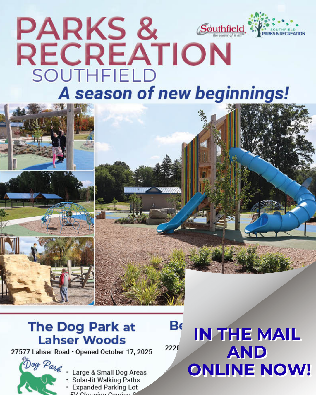 cover of the Winter 2026 Parks & Recreation Activities Guide with photos of the new playground at Beech Woods Park
