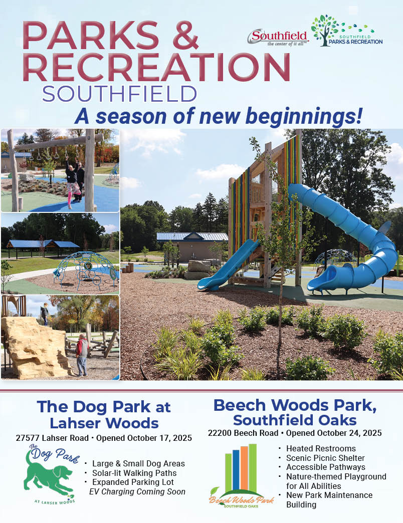 cover of the Winter 2026 Parks & Recreation Activities Guide with photos of the new playground at Beech Woods Park