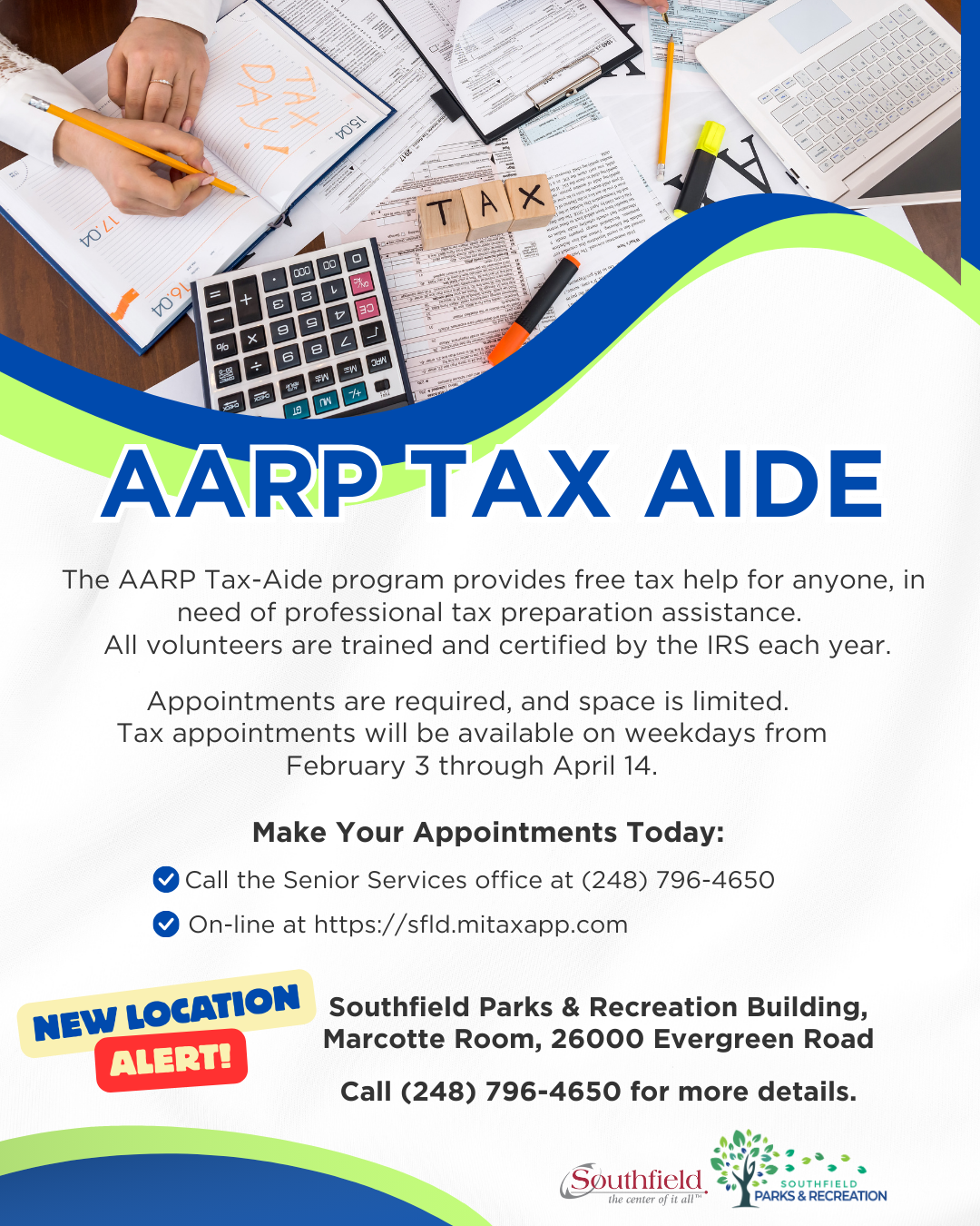 AARP Tax-Aide flyer promoting free tax preparation assistance at the Southfield Parks & Recreation Building.