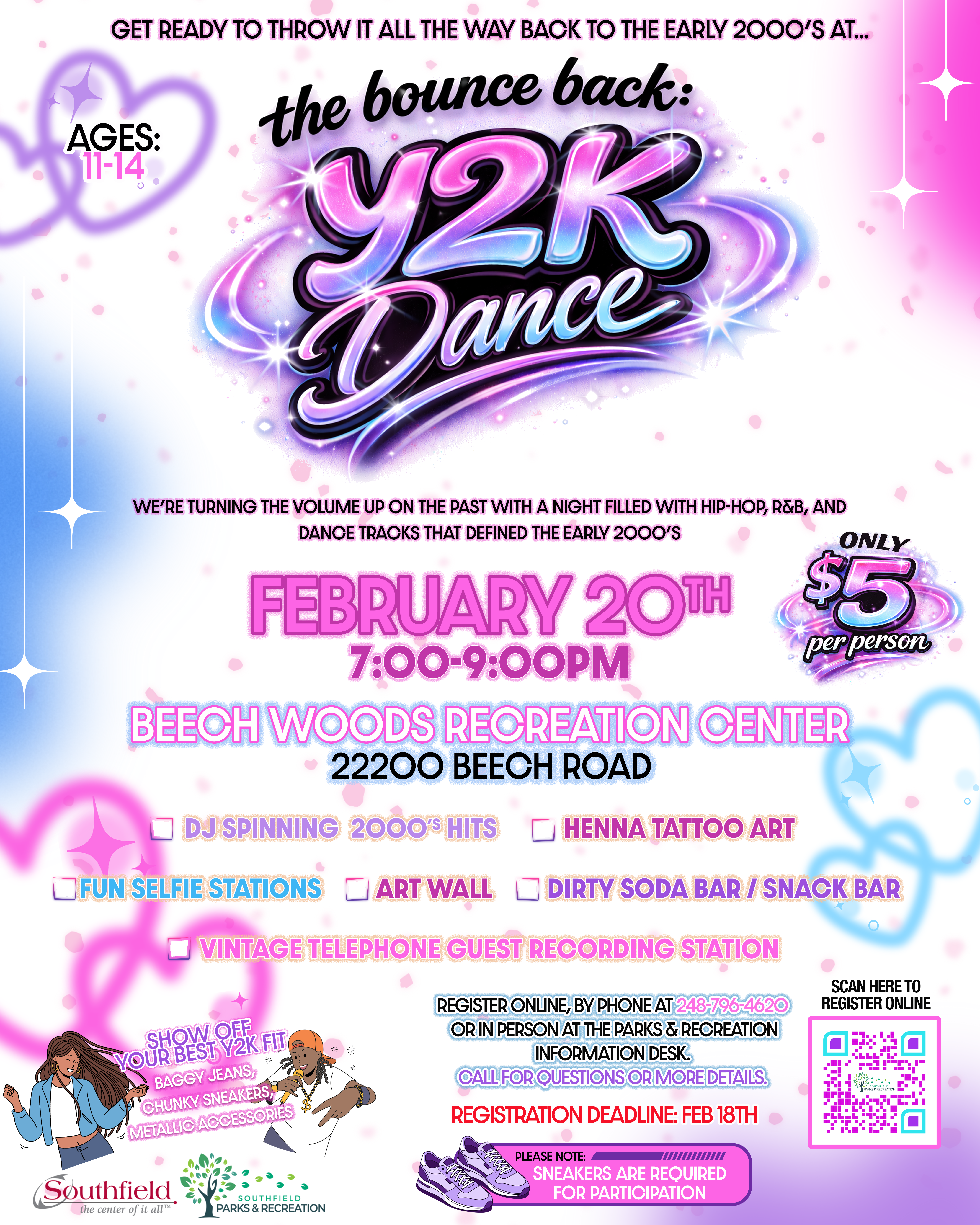The Bounce Back: Y2K Dance” (ages 11–14) on February 20, 7–9 PM at Beech Woods Recreation Center. Cost is $5 per person.