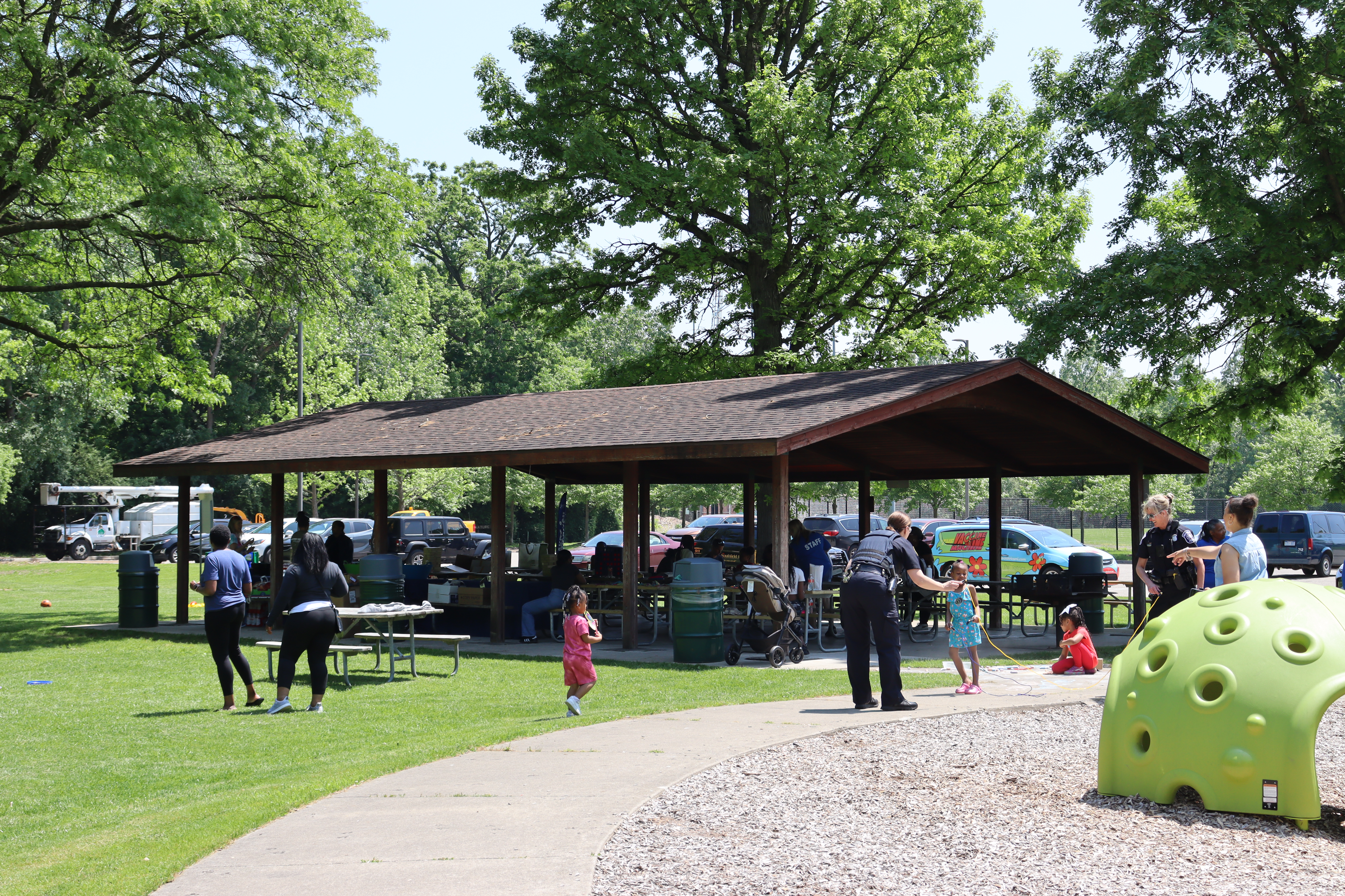 Civic Center Park Shelter #1, $200 per day, capacity 100 guests with 15 picnic tables. Photos show the shelter located near the playground and Southfield Sports Arena.