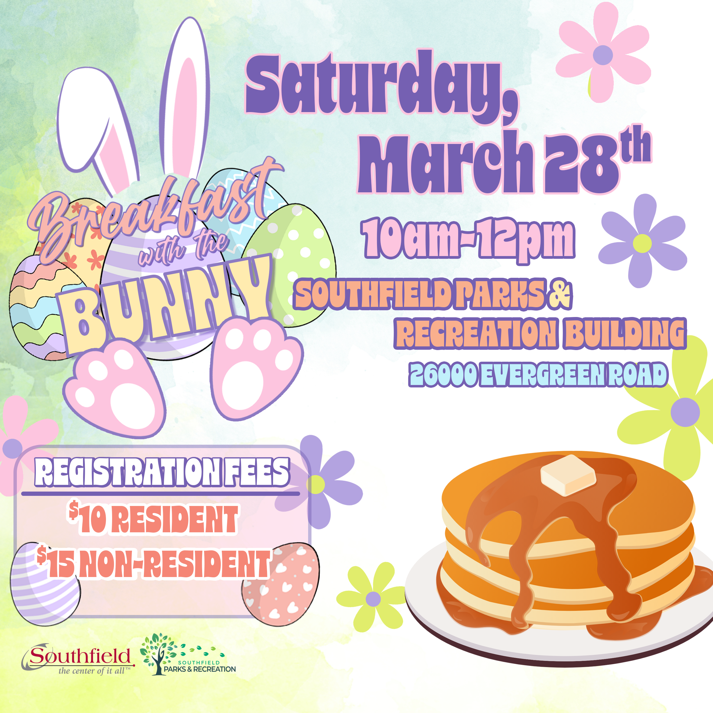 Spring-themed Breakfast with the Bunny event flyer with bunny ears, decorated eggs, and pancakes illustration.