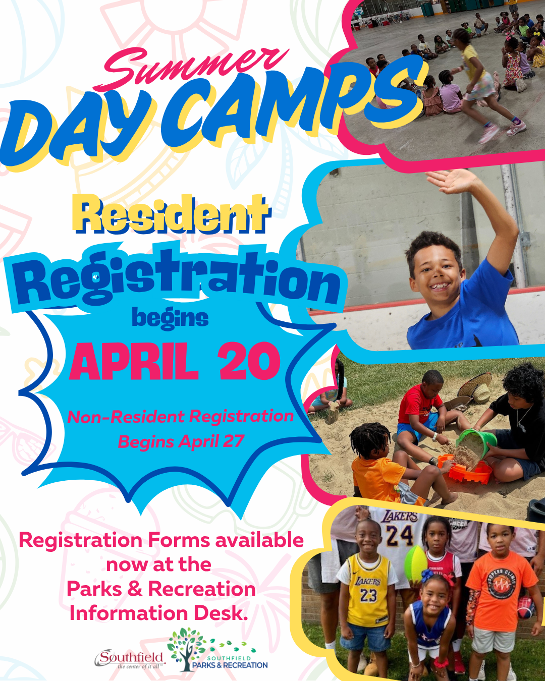 Graphic promoting Southfield Summer Day Camps with registration dates of April 20 for residents and April 27 for non-residents, featuring photos of children participating in camp activities.