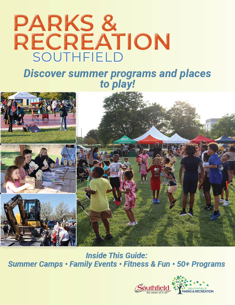 Cover of the Southfield Parks & Recreation Summer Activity Guide featuring children playing at an outdoor event, families participating in activities, and highlights of summer camps, events, fitness, and 50+ programs.