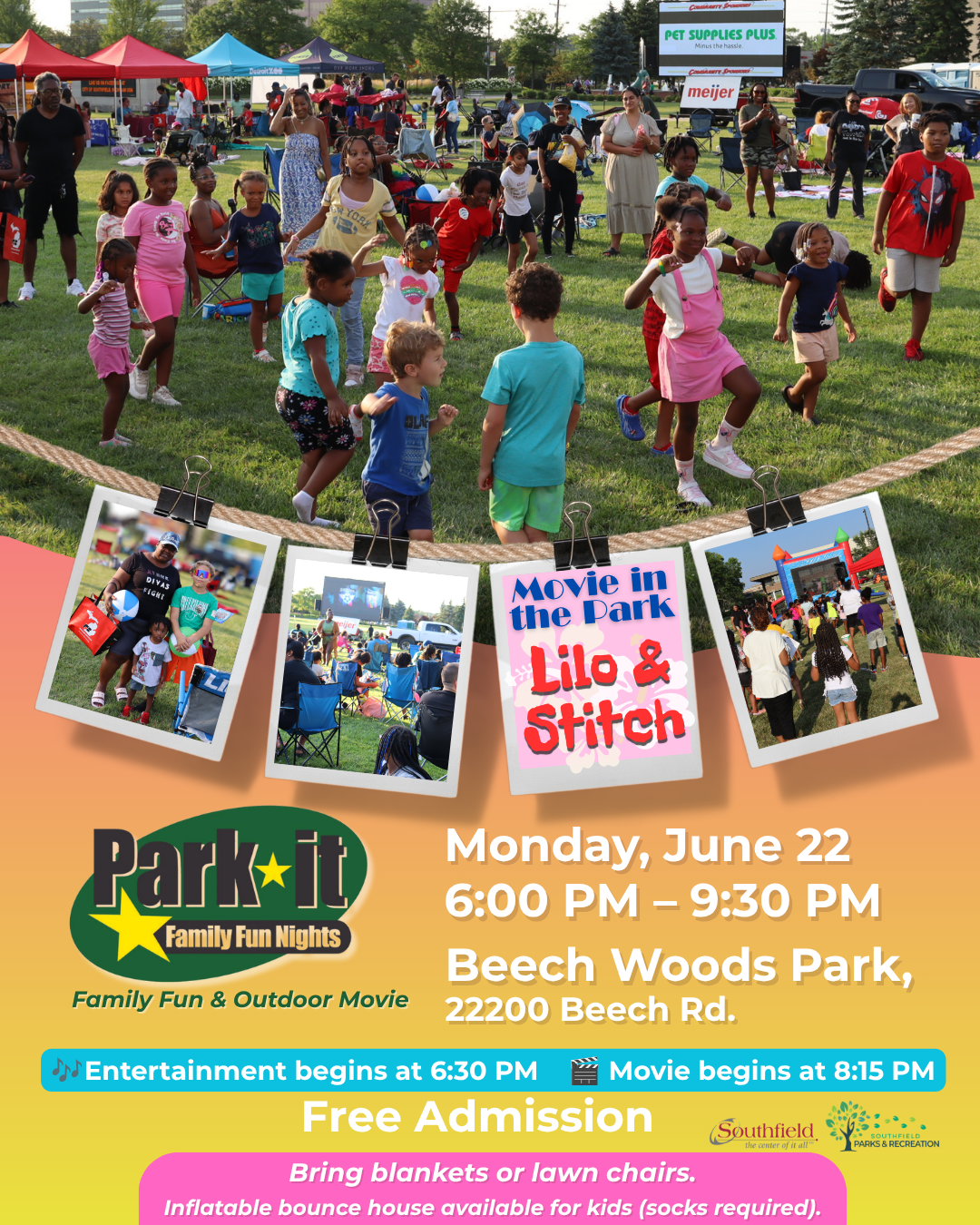 Flyer for the Southfield Parks & Recreation Park It Family Fun Nights event featuring an outdoor showing of Lilo & Stitch. Event takes place Monday, June 22 from 6:00 p.m. to 9:30 p.m. at Beech Woods Park, 22200 Beech Rd. Live entertainment begins at 6:30 p.m. and the movie begins around 8:15 p.m. Free admission. Guests are encouraged to bring blankets or lawn chairs. Inflatable bounce house available for kids; socks required. Decorative flyer includes photos from previous family movie night events.