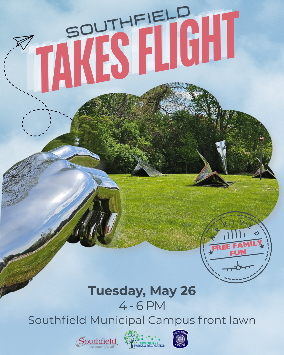Graphic promoting Southfield Takes Flight, a free family event on Tuesday, May 26 from 4–6 PM on the Southfield Municipal Campus front lawn. The design features a large metallic public art sculpture of a hand throwing paper airplanes against a blue sky background with paper airplane graphics and cloud elements