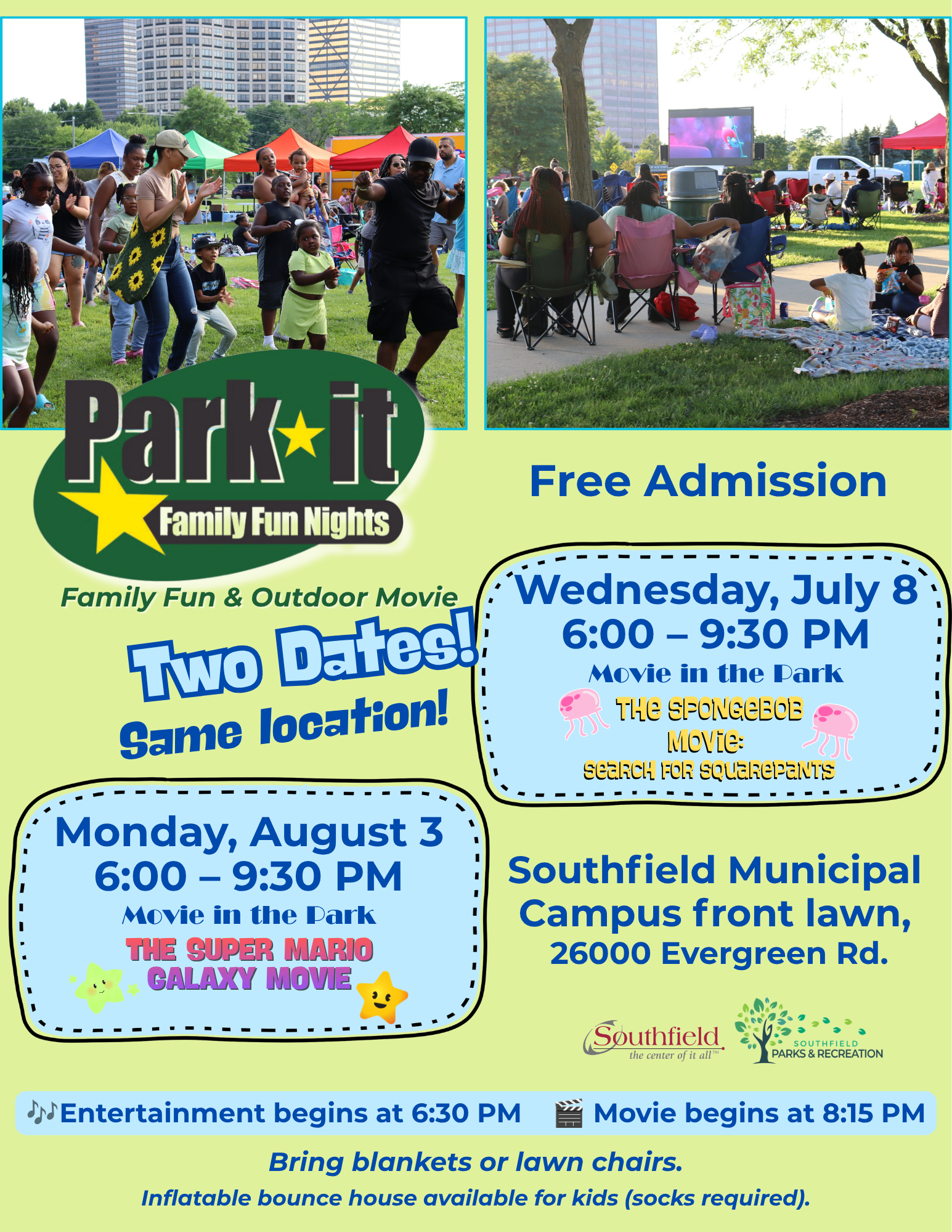 Graphic promoting the final two Park It Family Fun Nights at the Southfield Municipal Campus Front Lawn, 26000 Evergreen Rd. July 8 features The SpongeBob Movie: Search for SquarePants and August 3 features The Super Mario Galaxy Movie. Free admission. Entertainment begins at 6:30 PM and movies begin around 8:15 PM. Bring blankets or lawn chairs. Bounce house available for kids; socks required.