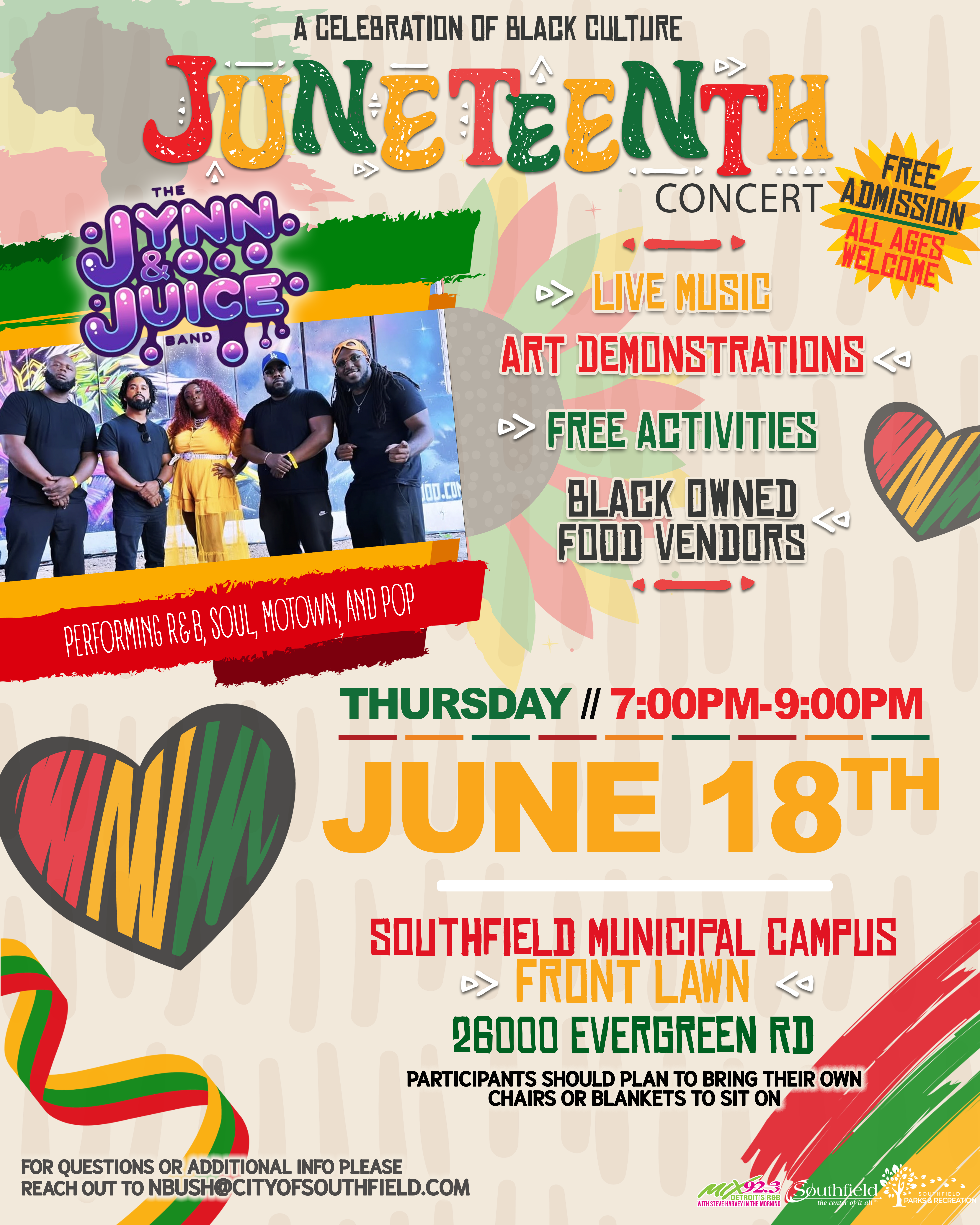 Flyer for the Southfield Parks & Recreation Juneteenth Concert featuring the Lynn & Juice Band. Event takes place Thursday, June 18 from 7-9 p.m. on the front lawn of the Southfield Municipal Campus, 26000 Evergreen Road. Free admission. Event includes live music, art demonstrations, free activities and Black-owned food vendors. Contact nbush@cityofsouthfield.com for additional information.