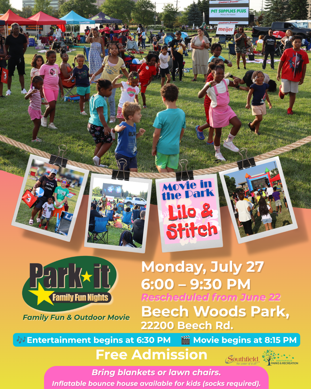 Flyer for the Southfield Parks & Recreation Park It Family Fun Nights rescheduled event at Beech Woods Park featuring an outdoor showing of Lilo & Stitch. Event takes place Monday, July 27 from 6:00 p.m. to 9:30 p.m. at Beech Woods Park, 22200 Beech Rd. Live entertainment begins at 6:30 p.m. and the movie begins around 8:15 p.m. Free admission. Guests are encouraged to bring blankets or lawn chairs. Inflatable bounce house available for kids; socks required.