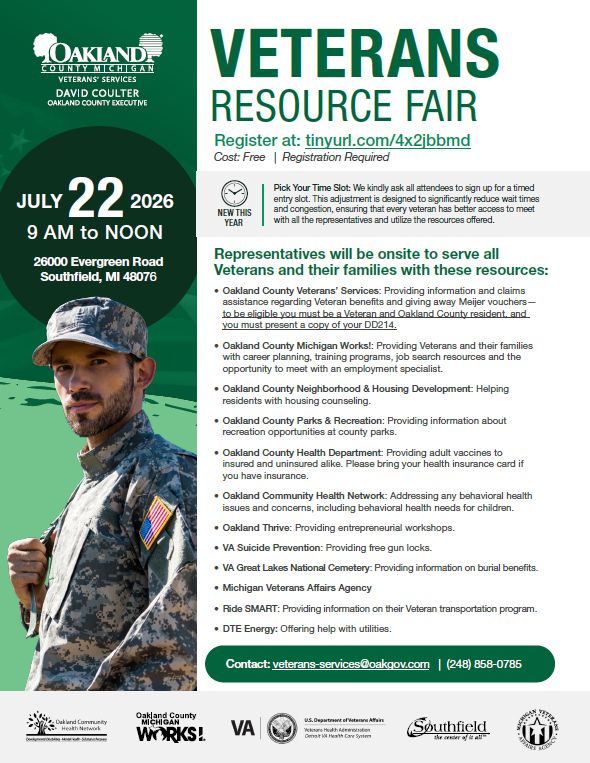 Oakland County Veterans Resource Fair  July 22, 2026 | City of Southfield