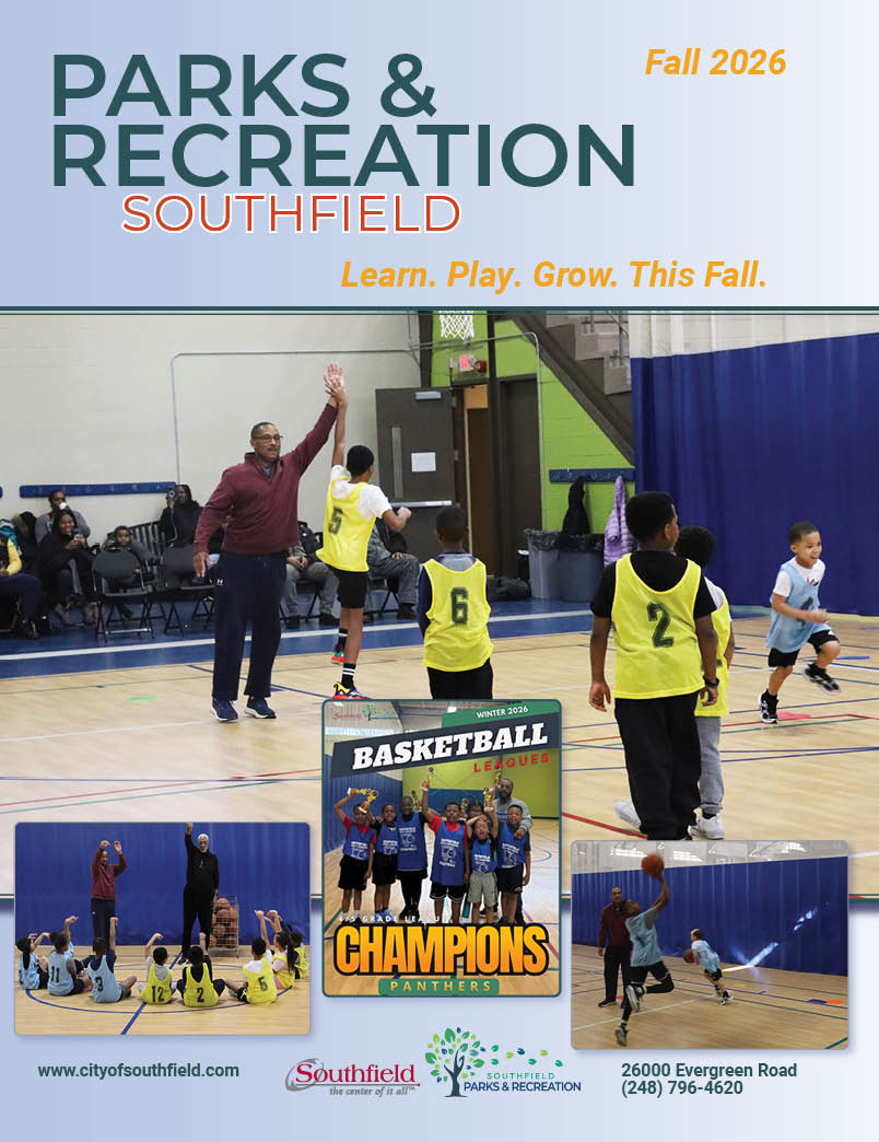 Fall 2026 Southfield Parks & Recreation Activities Guide cover featuring photos of youth basketball players and coaches during games and practices. The cover reads, “Parks & Recreation Southfield: Learn. Play. Grow. This Fall.”