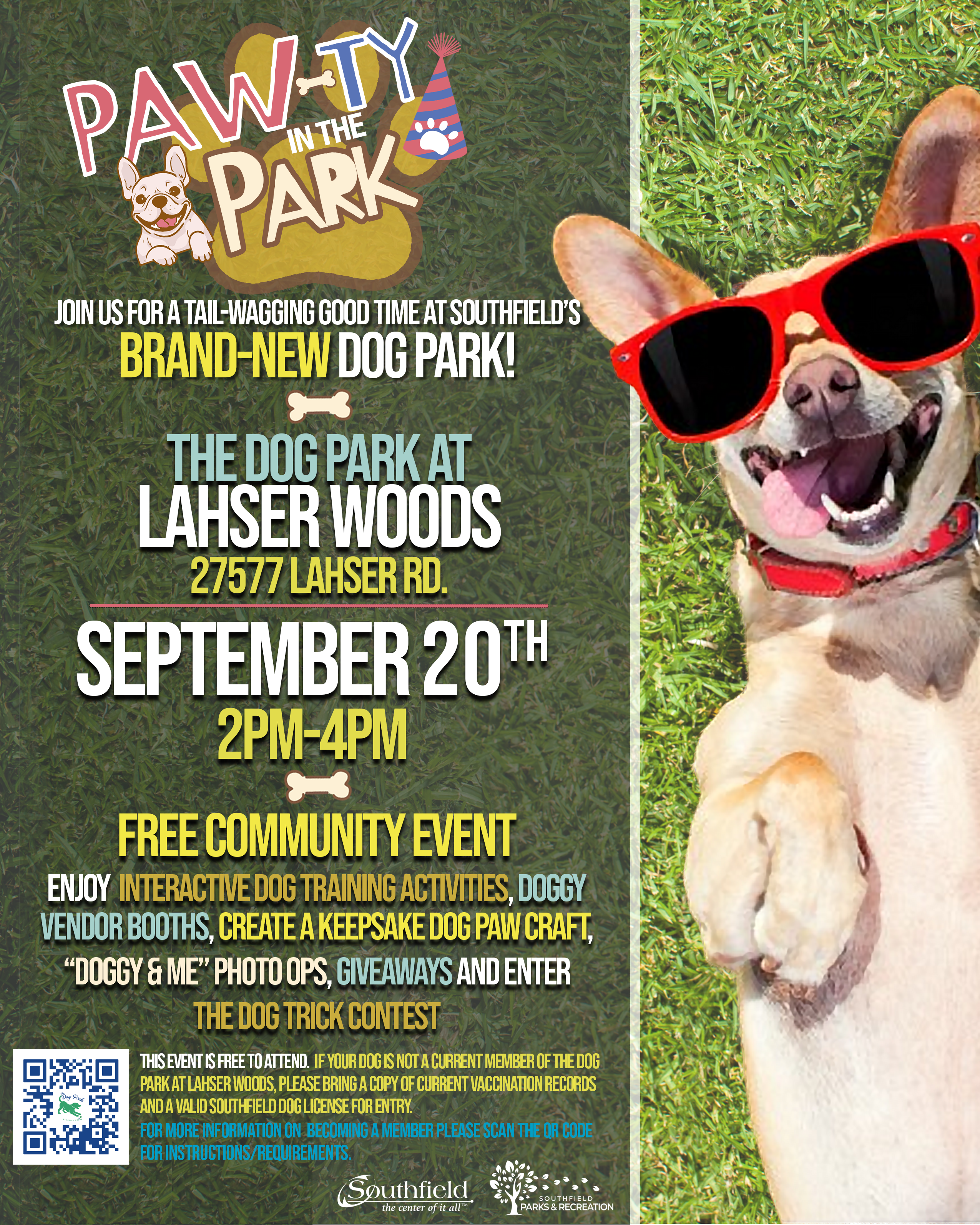 Graphic for Paw-ty in the Park on Sunday, September 20, from 2-4 p.m. at the Dog Park at Lahser Woods, 27577 Lahser Road. This free event includes interactive dog training activities, doggy vendor booths, a keepsake craft, Doggy & Me photo opportunities, giveaways and a Dog Trick Contest. Dogs that are not current members of the dog park must bring current vaccination records and a valid Southfield dog license for entry. The graphic features a smiling dog wearing red sunglasses on a grassy background.