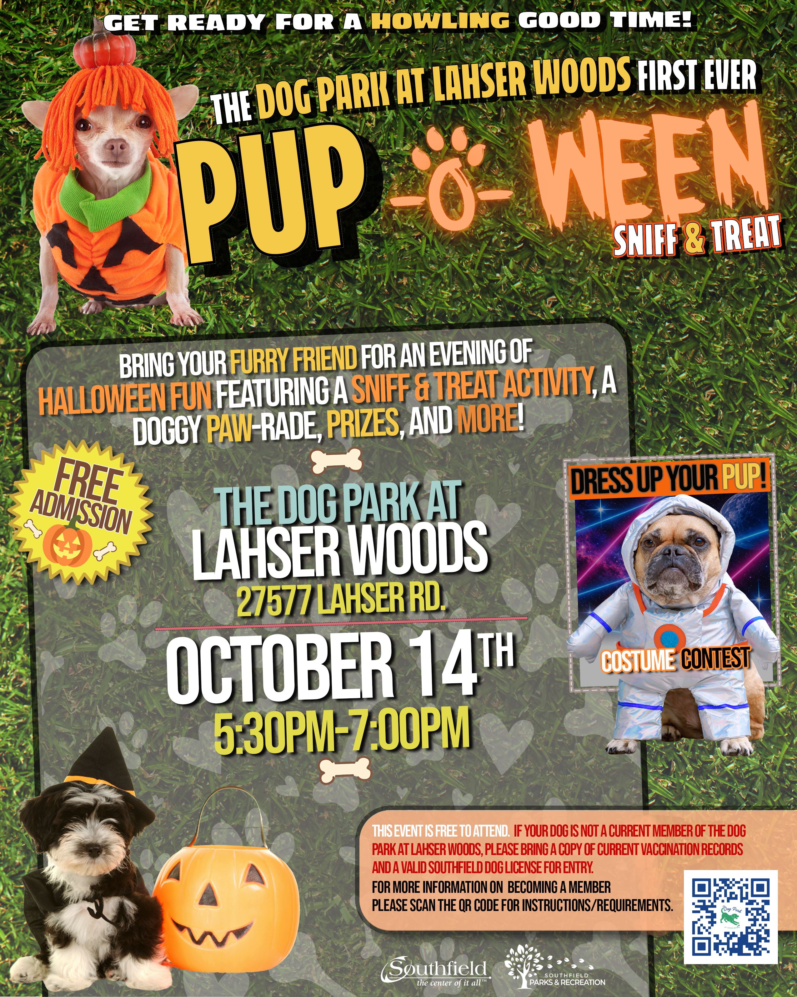 Flyer for Pup-O-Ween: Sniff & Treat on Wednesday, October 14, from 5:30–7 p.m. at the Dog Park at Lahser Woods. Free event featuring Sniff & Treat, Doggy Paw-Rade, costume contest, prizes and more. Graphic features dogs dressed in Halloween costumes.