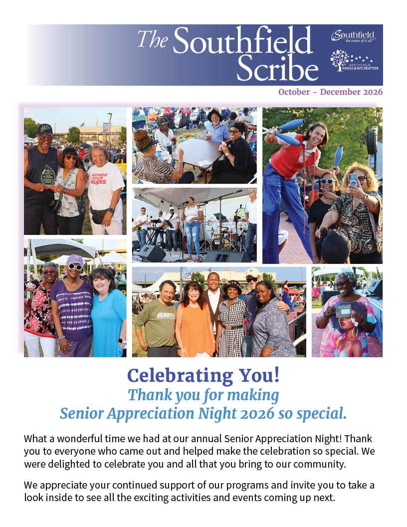Cover of the October–December 2026 Southfield Scribe senior newsletter featuring a collage of photos from Senior Appreciation Night.
