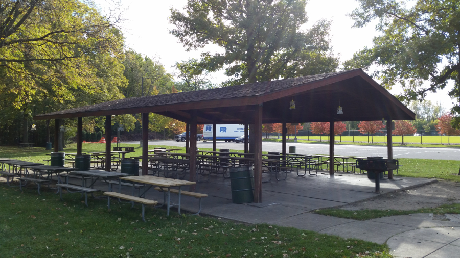 Civic Center Park Shelter #1, $200 per day, capacity 100 guests with 15 picnic tables. Photos show the shelter located near the playground and Southfield Sports Arena.