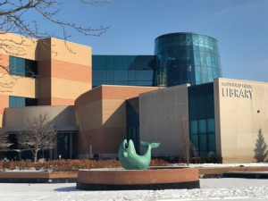 Moby Dick sculpture in front of the library.