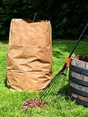 compost bag sitting in grass next to a rake and bucket