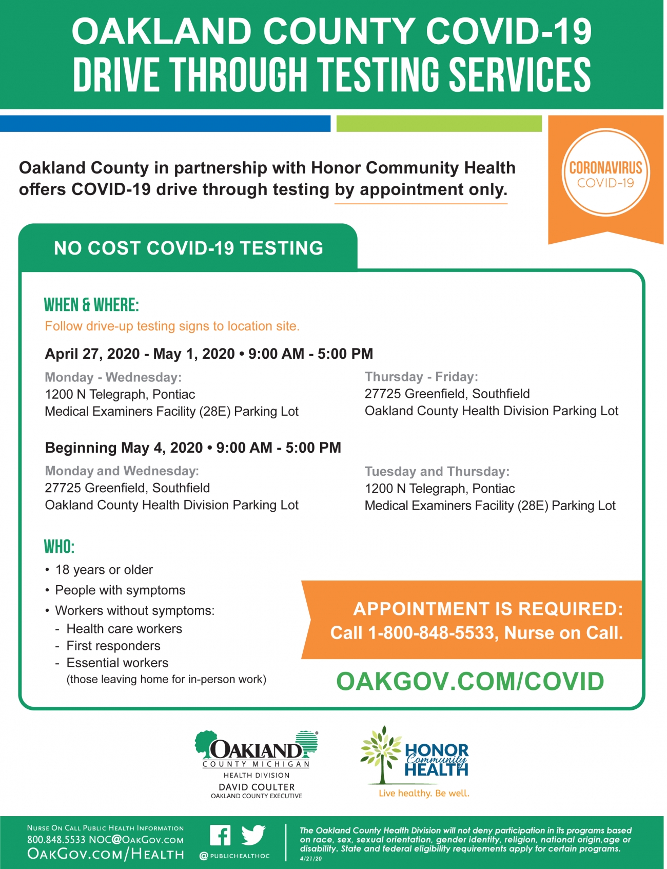 Oakland County Residents with Coronavirus Symptoms Drive-Thru Testing 