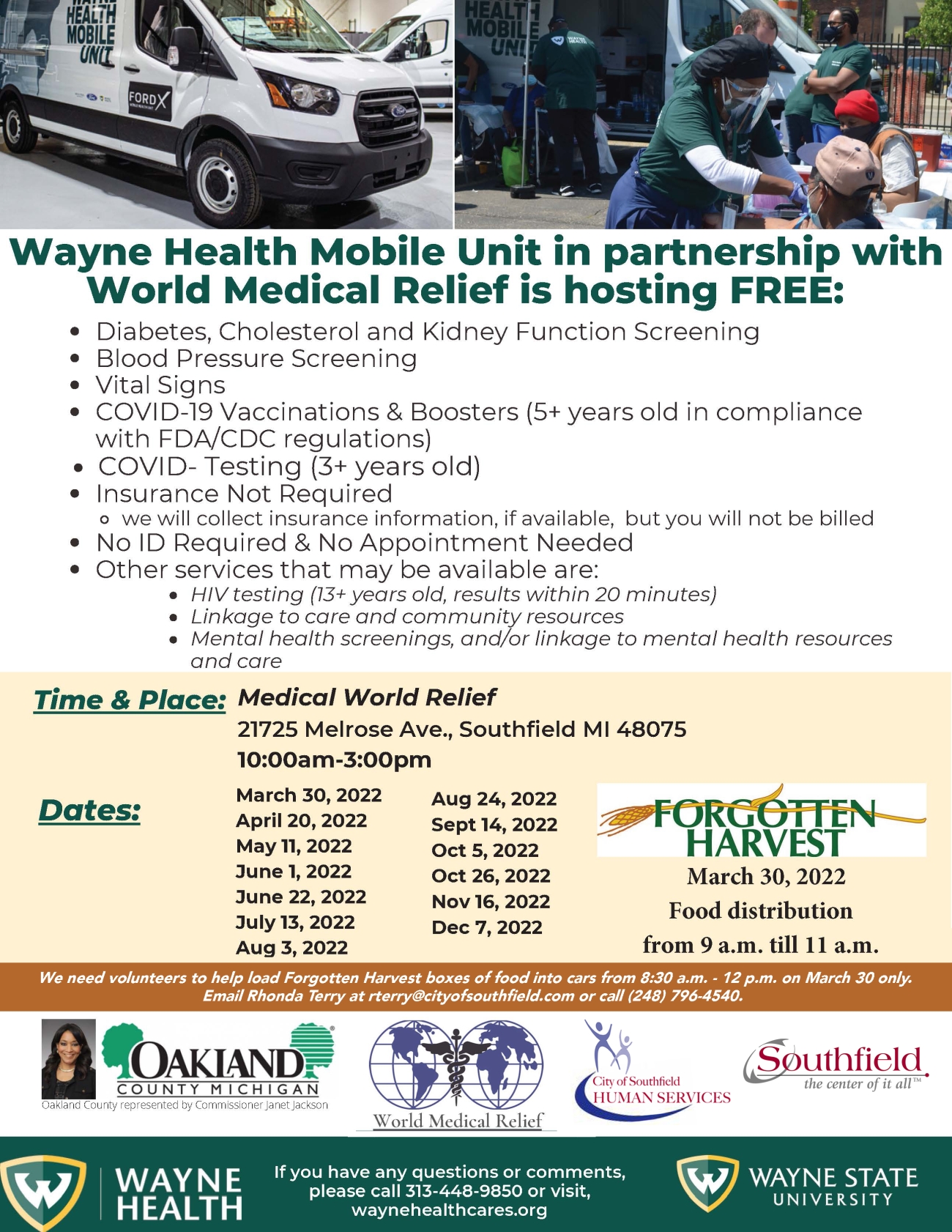 World Medical Relief and Wayne State University Mobile Health Unit flier