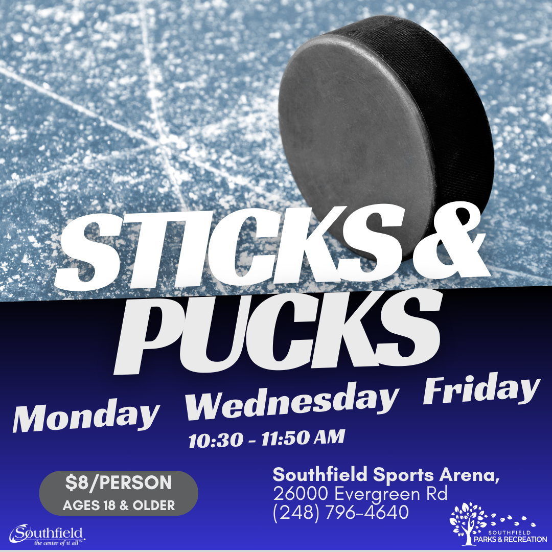 an image of a hockey puck sitting on the ice with details about weekday Sticks & Pucks program