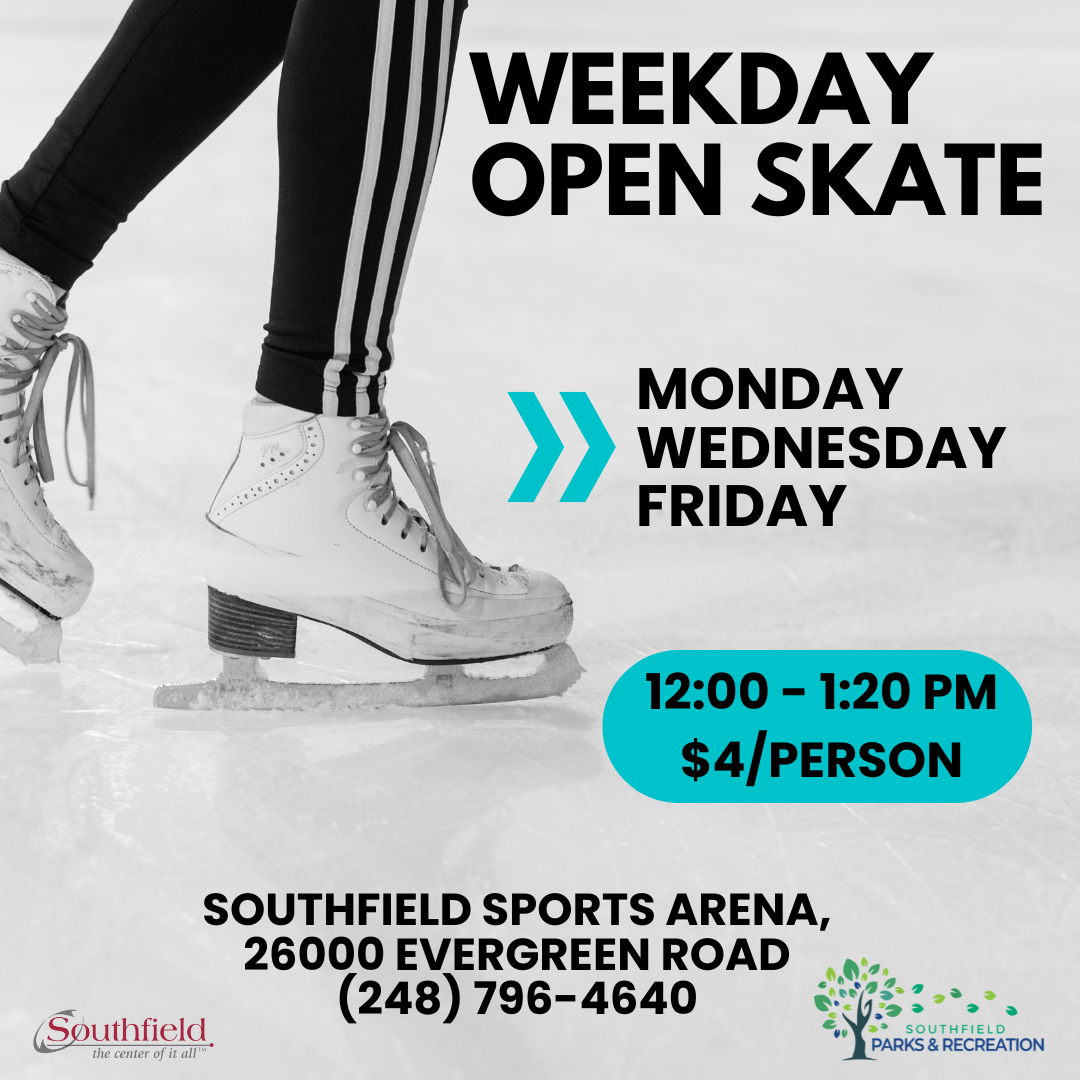 Picture of a person's legs as they ice skate with information about Weekday Open Skate times and fees