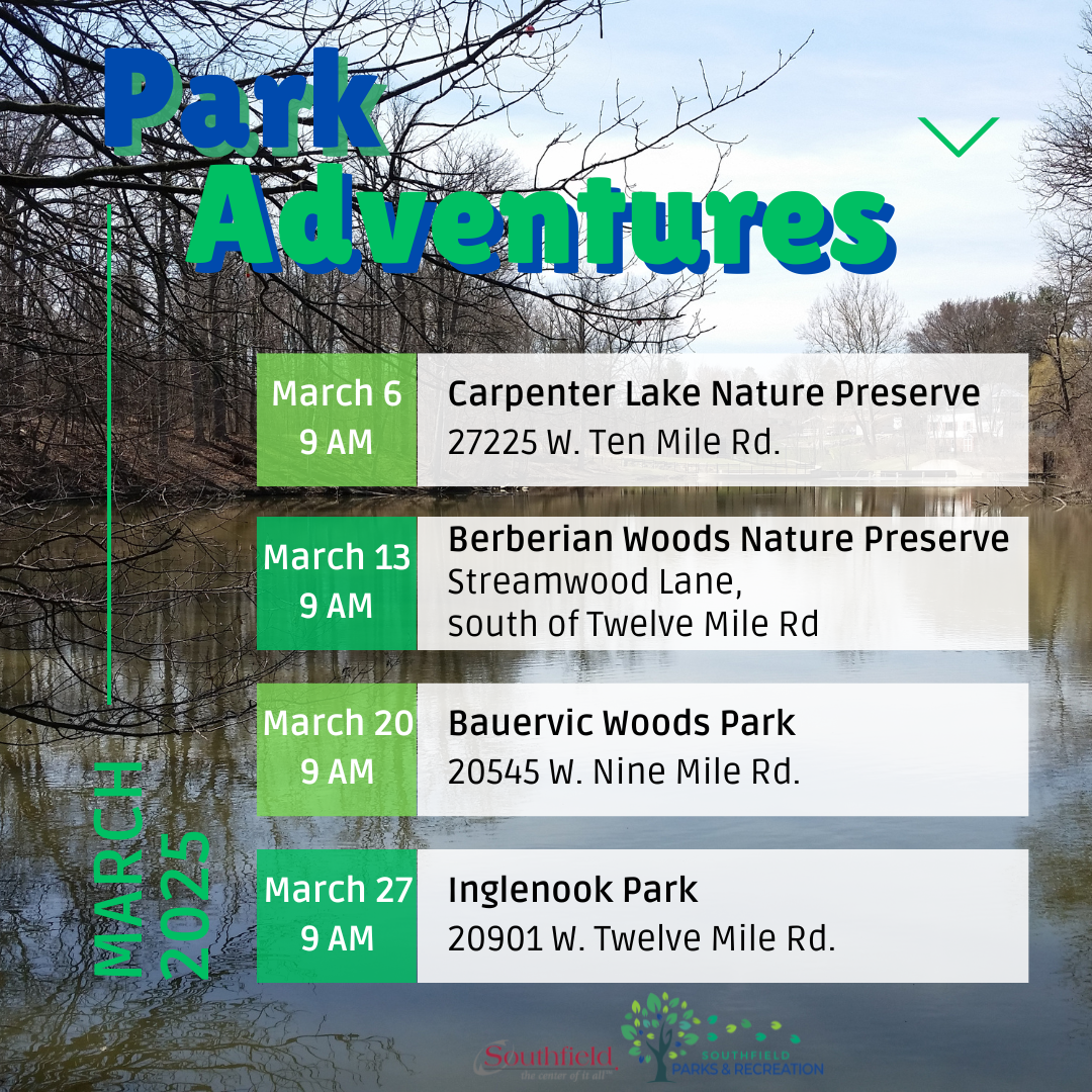 photo of Carpenter Lake with no leaves on the trees and the March 2025 Park Adventures schedule