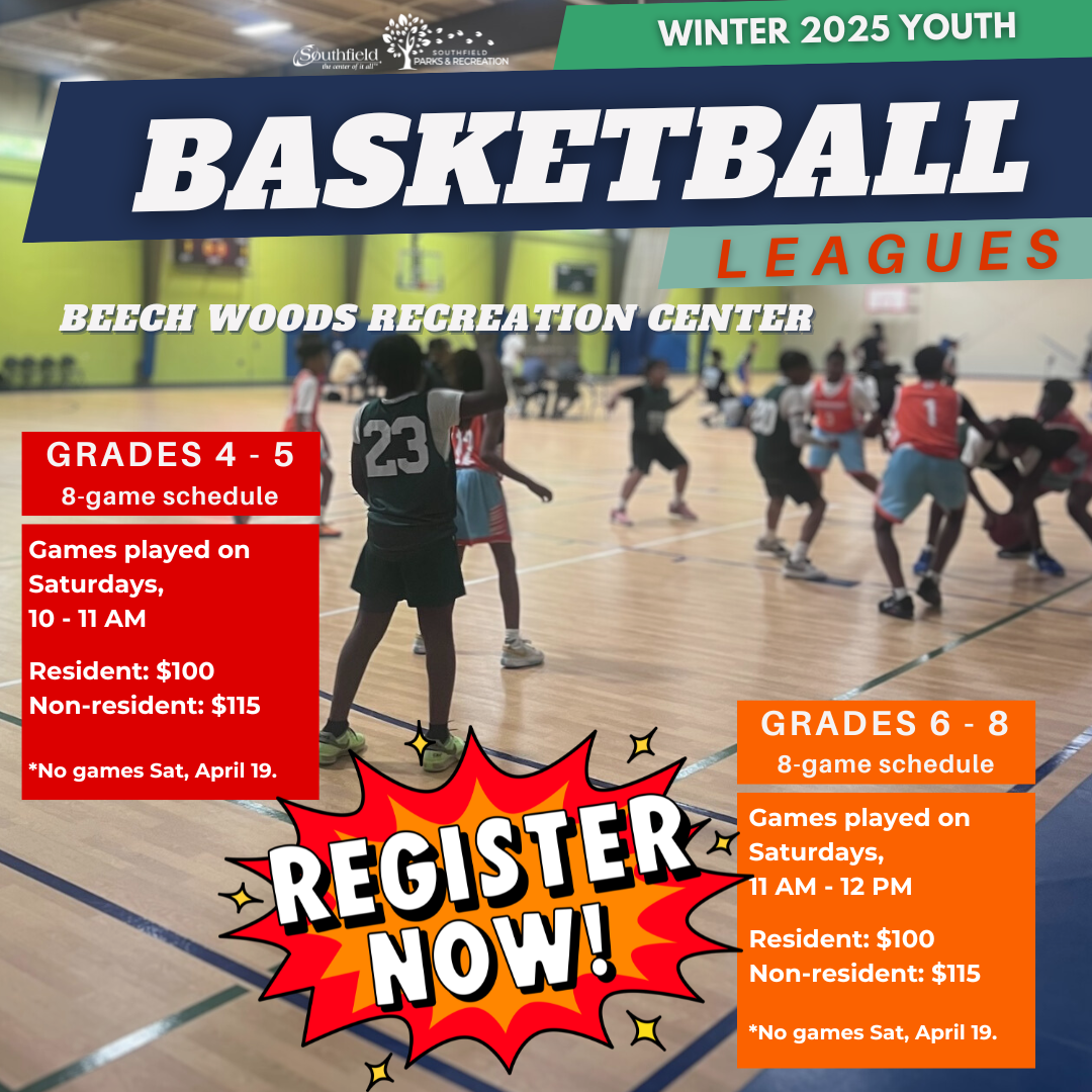 a group of kids playing basketball in the Beech Woods Recreation Center gym with information about out Winter Youth Leagues