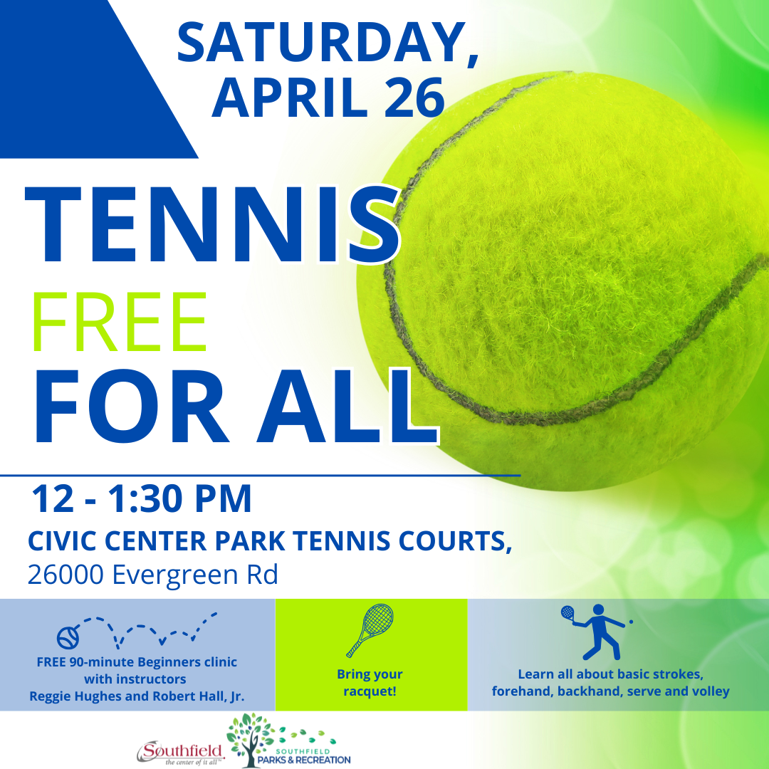 an image of a tennis ball on a green background with Tennis Free For All event details