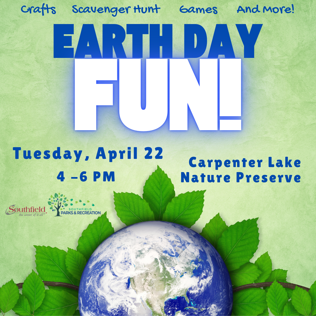 Informational graphic with a picture of the Earth and details of the Earth Day Fun! program