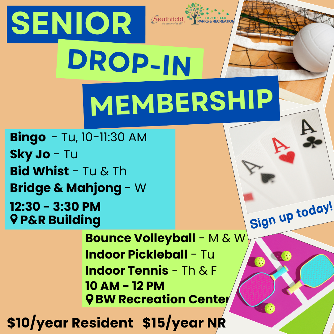 Informational graphic with details on Senior Drop-in Membership at Southfield Parks & Recreation