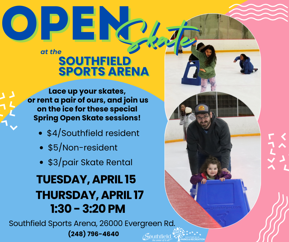 colorful informational graphic with pictures of families and kids enjoying ice skating at the Southfield Sports Arena