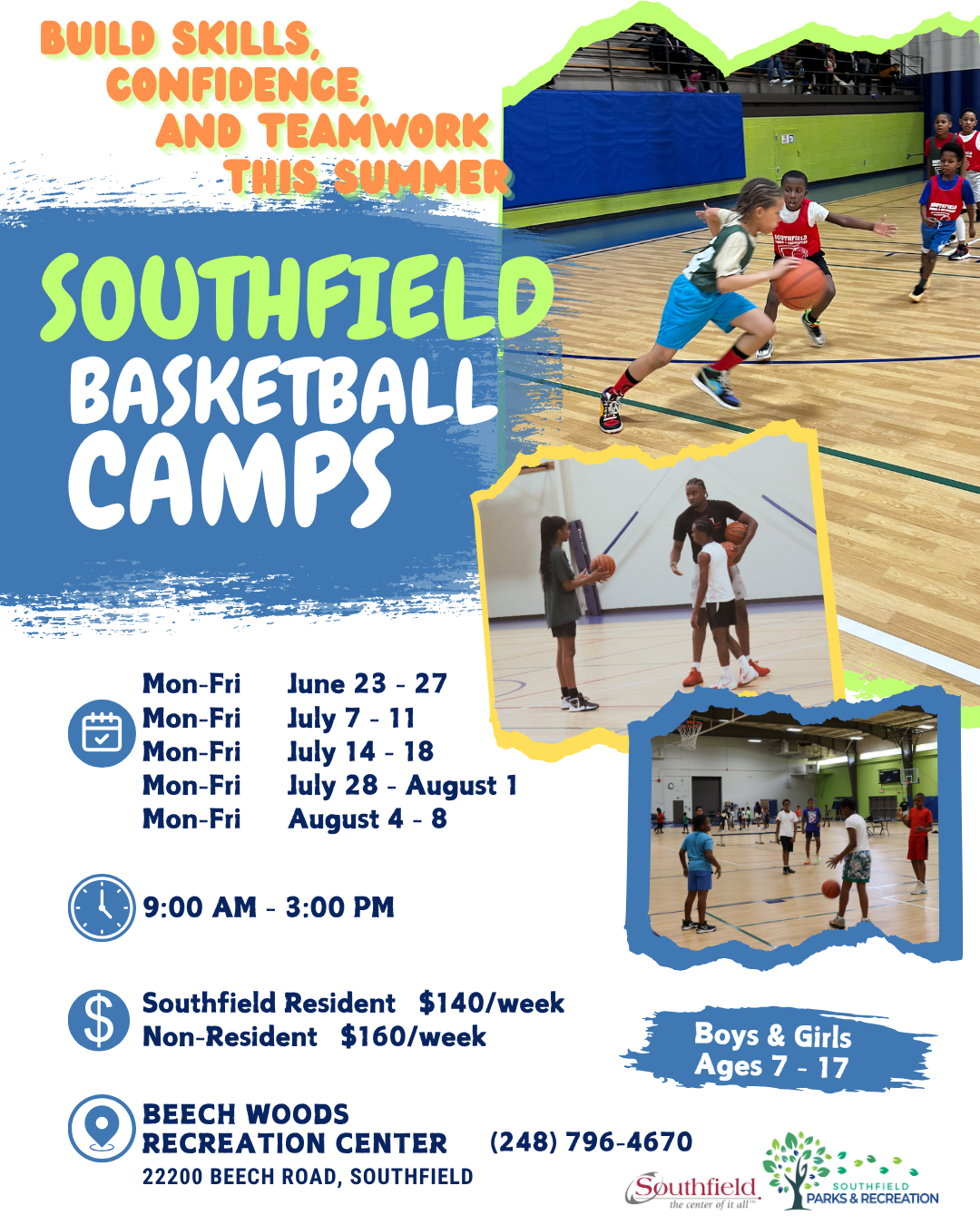 graphic featuring 3 pictures of a kids playing basketball at Beech Woods Recreation Center