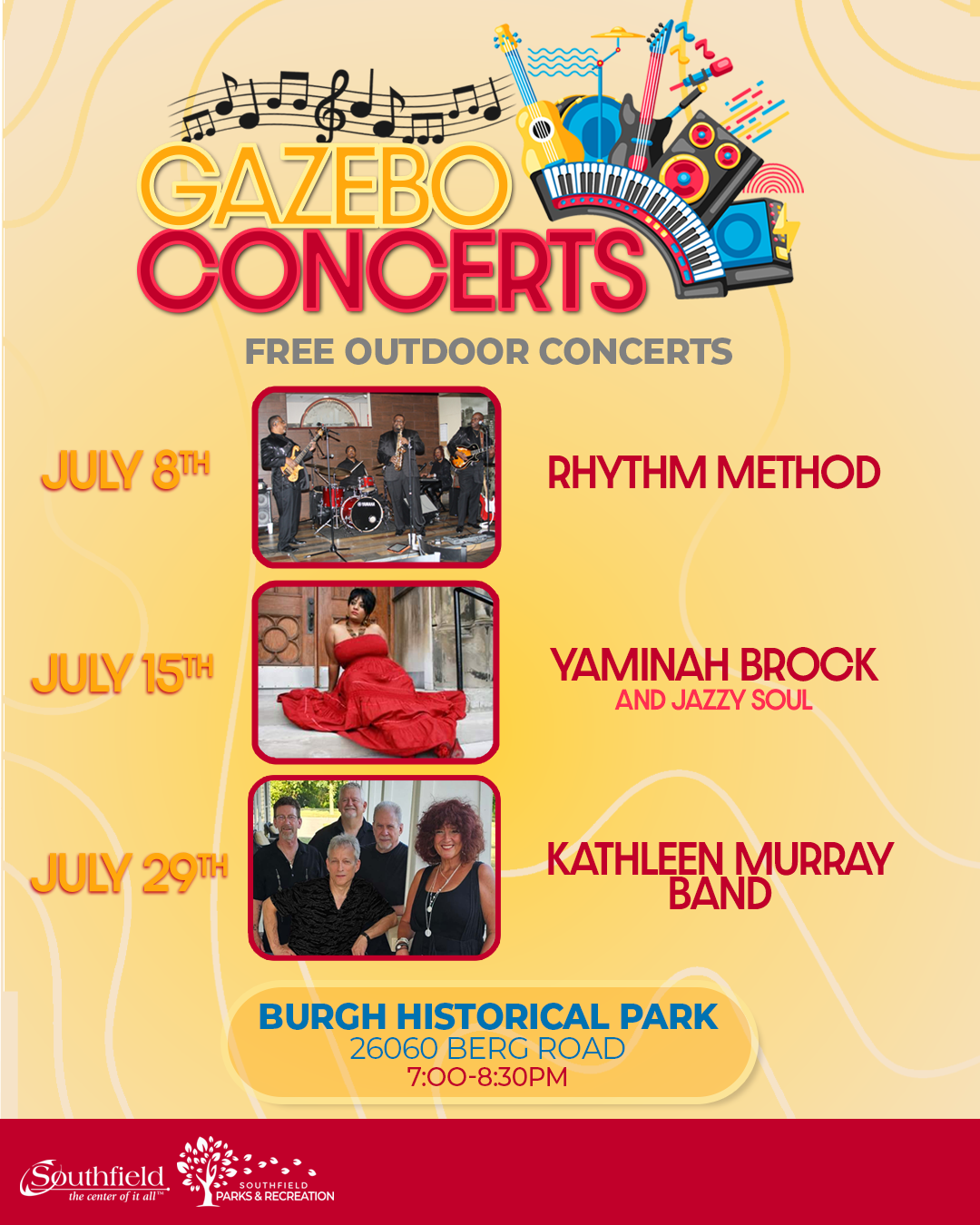 Informational graphic featuring the 2025 lineup for the free Gazebo Concerts