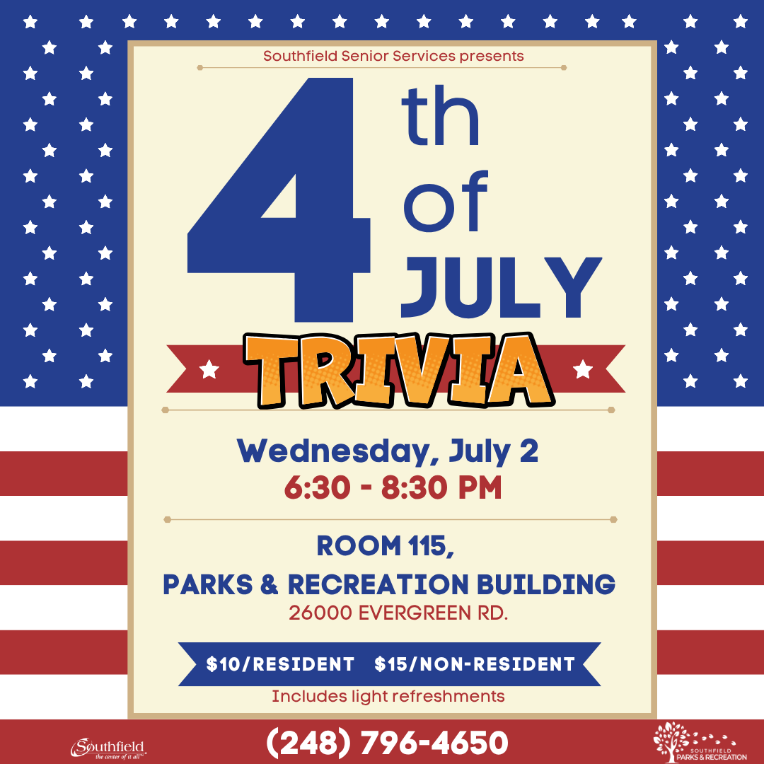informational graphic with details concerning the 4th of July Trivia program on July 2
