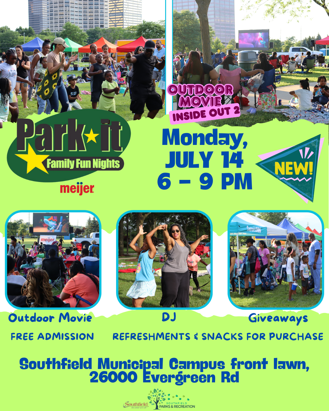 Informational graphic featuring pictures of past Park It events including a group of children and adults dancing in the grass and sitting watching an outdoor movie