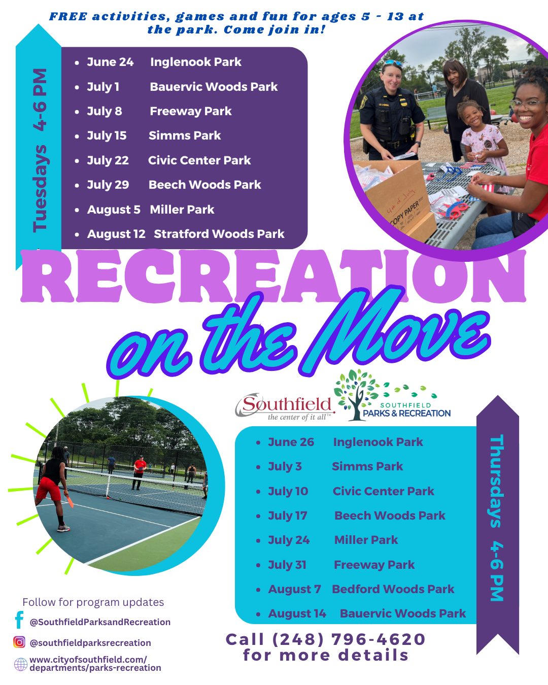 Informational graphic featuring the 2025 schedule for Recreation on the Move