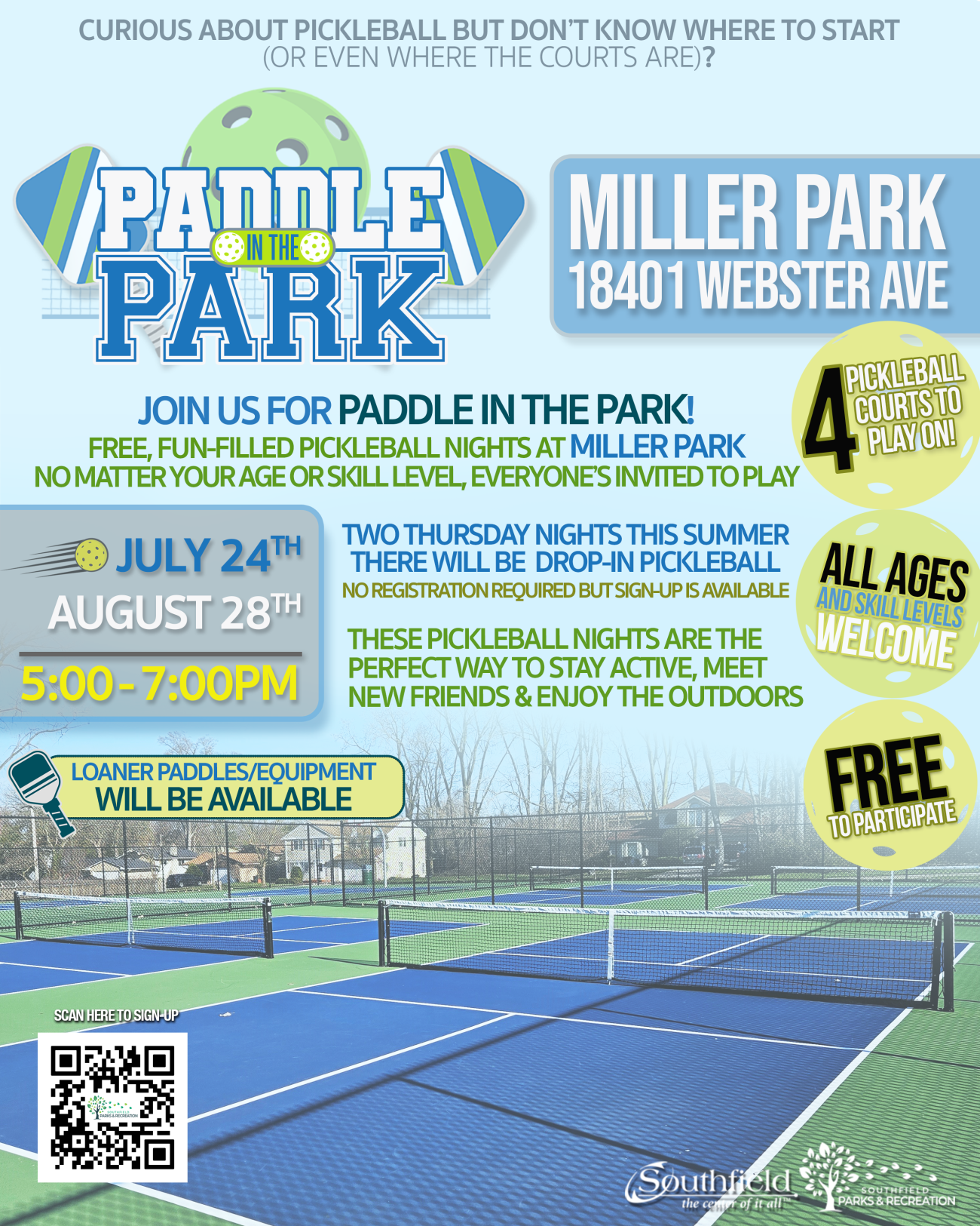 Paddle in the Park informational graphic featuring a picture of an empty pickleball court at Miller Park